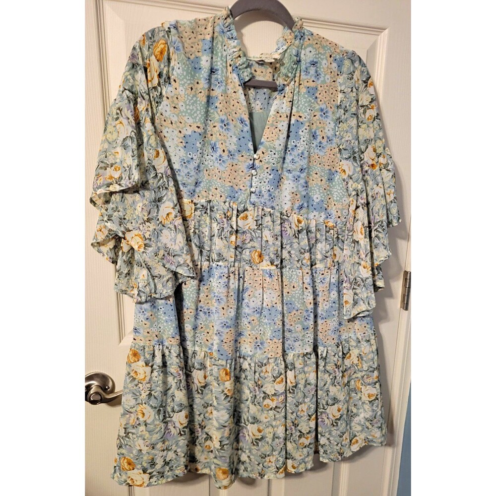 Umgee Women's Blue Green White Floral Babydoll V-Neck Bell Sleeve Dress S